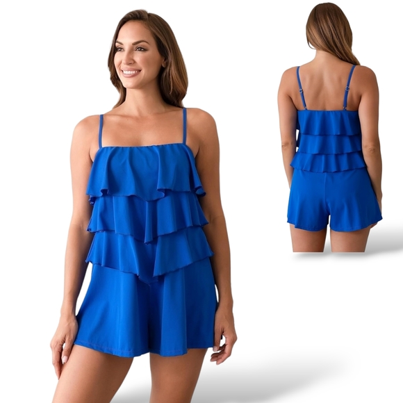 Fit for You Womens Plus Tiered Ruffle Modest Swimsuit Romper Coverup Cobalt Blue - Picture 2 of 12
